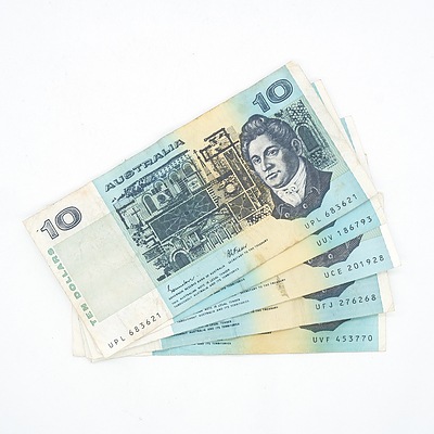 Five Australian Johnston/ Fraser $10 Notes, UFJ, UCE, UUV, UPL and UVF