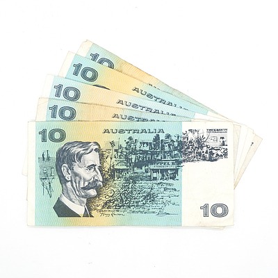 Five Australian Johnston/ Fraser $10 Notes, UFJ, UCE, UUV, UPL and UVF