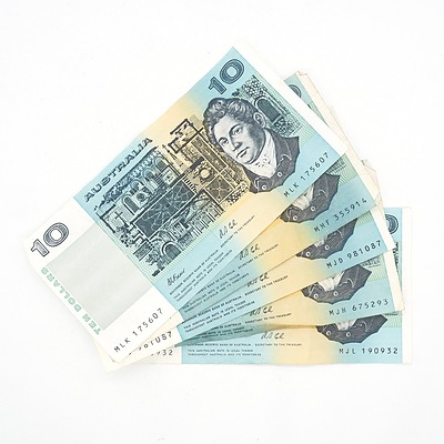Five Australian Fraser/ Cole $10 Notes, MJH, MJD, MHF,MLK and MJL