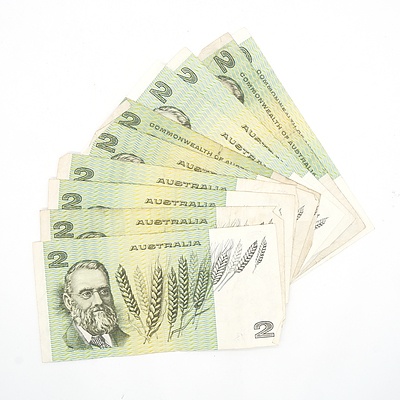 Ten Australian Phillips/ Wheeler $2 Notes, HFQ, HLC, HJN, HFU, HDE, GSS, HEX, HDU, HAL and GVT