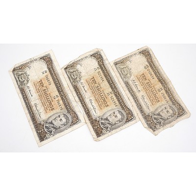 Three Commonwealth of Australia Coombs/ Wilson Ten Shilling Notes, AD21521954, AD74796878 and AG00250634