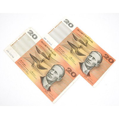 Two Australian Knight/ Wheeler $20 Notes, XSN163740 and XPP987845