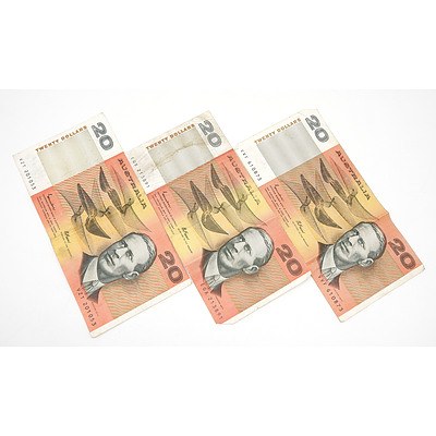 Three Australian Johnston/ Fraser $20 Notes, VZT201053, EQX213891 and VVF610873