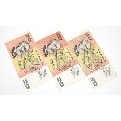 Three Australian Johnston/ Fraser $20 Notes, VZT201053, EQX213891 and VVF610873