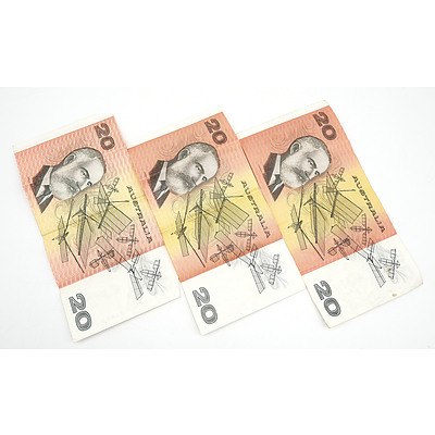Three Australian Johnston/ Fraser $20 Notes, VVT417117, VXZ591656 and EFE684371