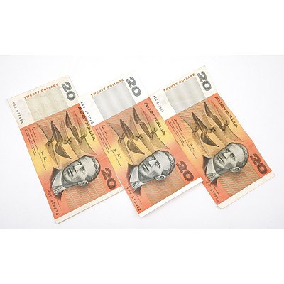 Three Australian Johnston/ Fraser $20 Notes, VGE678638, VNV313022 and XSG017855