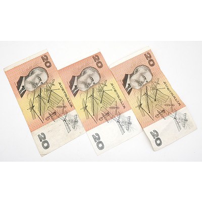 Three Australian Johnston/ Fraser $20 Notes, VGE678638, VNV313022 and XSG017855