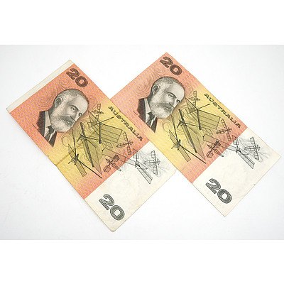 Two Australian Knight/ Stone $20 Notes, VDJ501236 and VDZ523276