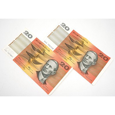 Two Australian Fraser/ Higgins $20 Notes, EZL527097 and RDA702560