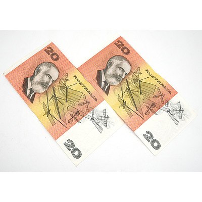 Two Australian Fraser/ Higgins $20 Notes, EZL527097 and RDA702560