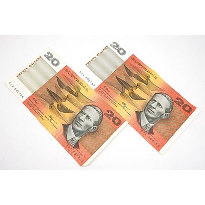 Two Australian Fraser/ Higgins $20 Notes, EZB887966 and RDA702559
