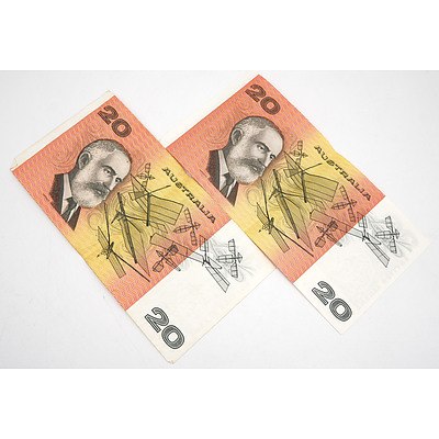 Two Australian Fraser/ Higgins $20 Notes, EZB887966 and RDA702559