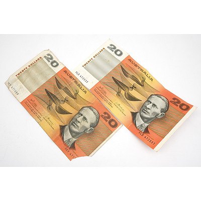 Two Australian Phillips/ Wheeler $20 Notes, XLD472037 and XKY471089