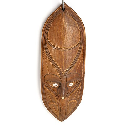 Vintage Pacific Island Carved Wall Mask with Shell Eyes