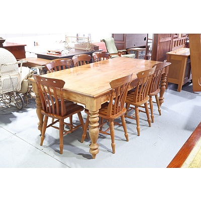 Antique Style Solid Teak Farmhouse Dining Table with Seven Matching Chairs