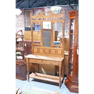 Antique Style Solid Teak Hallstand with Mirror, Two Drawers and Brass Fittings