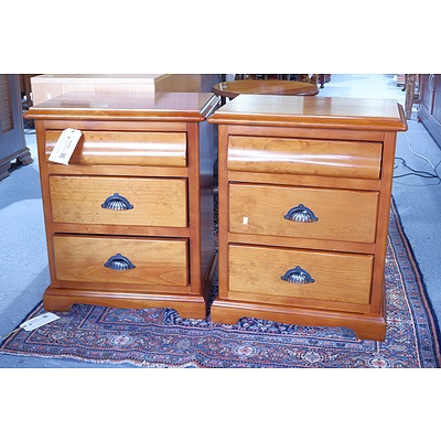 Pair of Antique Style Stained Pine Three Drawer Bedside Chests