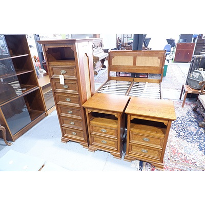 Vintage Wentworth Furniture Melbourne Solid Ash Tallboy Six Drawer Chest and Pair of Two Drawer Bedside cabinets - All with Inset Woven Rattan Panels