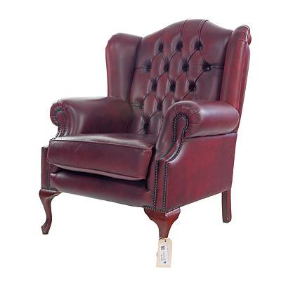 Antique Style Buttonback Maroon Leather Wingback Armchair