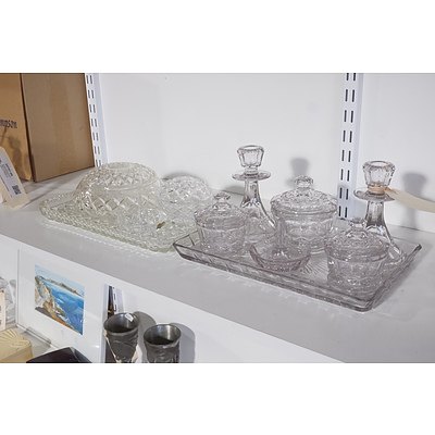 Vintage Cut Crystal and Pressed Glass Dressing Table Sets - 11 Pieces Total