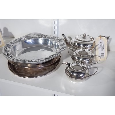 Perfection Plate Teaset, WMF and Round Silverplate Trays and a Cast Metal Fruit Bowl