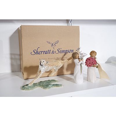 Sherratt & Simpson Running Cheetah Figurine and Two Willow Tree Figurines - 'Abundance' & 'Beautiful Wishes'