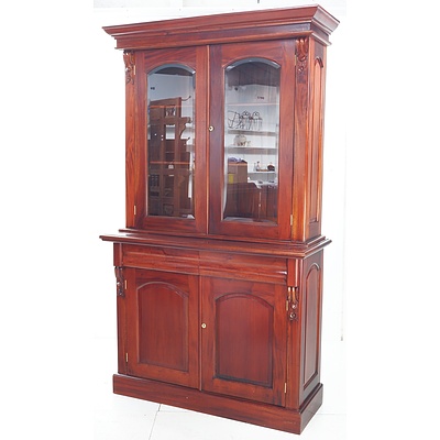 Antique Style Mahogany Bookcase Cabinet with Bevelled Glass Doors Above, Two Drawers and Two Doors Below