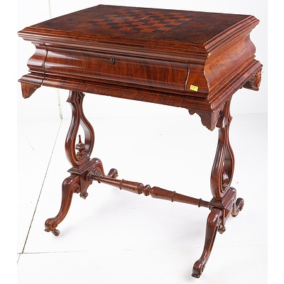 Victorian Burr Walnut Flip Top Games Table with Fabric Based Drawer and Inlaid Chessboard Top