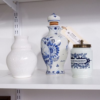 Vintage Delft Vase, Royal Dutch Airlines Decanter and MSD Lidded Jar