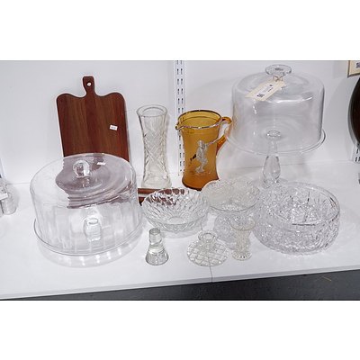 Group of Assorted Crystal and Glass Wares, Hardwood Cutting Board and Three Utensils