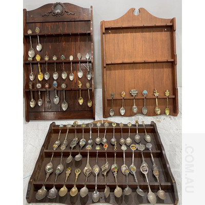 Three Vintage Display Stands with Assortment of Souvenir Spoons