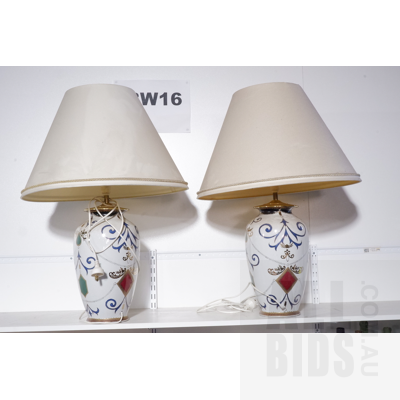 Pair of Large Decorative Porcelain Lamps with Shades  (2)
