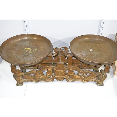 Impressive Large Cast Iron Shop Scales with Brass Trays, Dated 1909