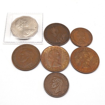 1963 Half Penny, 1952 Penny, 1917 Penny, 1938 Half Penny, 1962 Penny, 1970 50c Cook Bicentenary, 1962 Penny