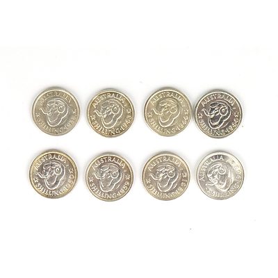 Eight Australian Shillings, 1938, 1943 S, 1944, 1944 S, 1950, 1959, 1961 and 1962