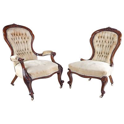 Victorian Tasmanian Blackwood Grandfather and Grandmother Chairs with carved Decoration and Original Fabric(2)