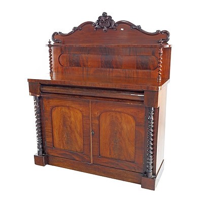 Victorian Flame Mahogany Chiffonier with Finely Turned Barley Twist Columns and Carved Gallery Back with Shelf