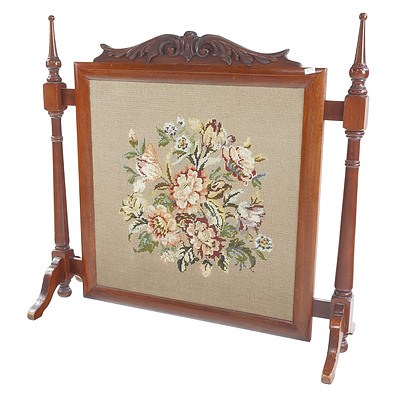 Vintage Mahogany Firescreen with Carved Decoration and Floral Tapestry Panel
