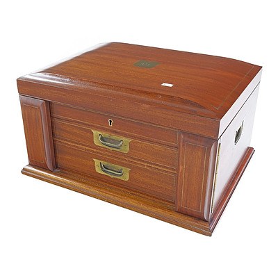 Substantial Wingfield Rowbotham Sheffield Cutlery Canteen in Mahogany with Two Drawers, Fitted Top Compartment Locking Lid, Brass Inset Monogrammed Shield and Stringing and Drawer Hardware