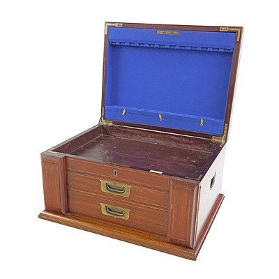 Substantial Wingfield Rowbotham Sheffield Cutlery Canteen in Mahogany with Two Drawers, Fitted Top Compartment Locking Lid, Brass Inset Monogrammed Shield and Stringing and Drawer Hardware