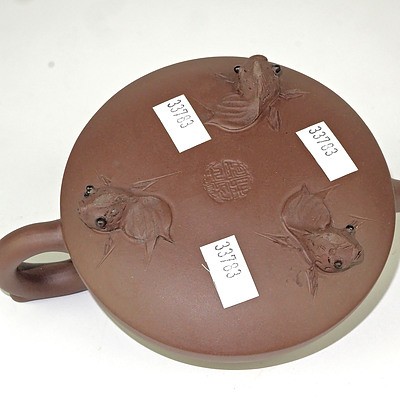 Chinese Yixing Teapot with Goldfish Feet and Finial, Seal Mark to Base