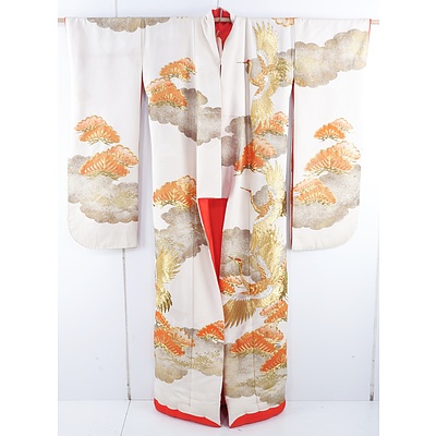 Elaborate Japanese Ceremonial Kimono with Gilt Crane Motif