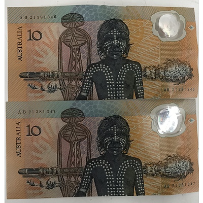 Two Consecutively Numbered Australian 1988 Bicentennial $10 Notes (2)