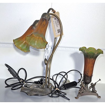 Reproduction Tiffany Style Bronzed Metal Lily Lamp with Glass Tulip Shades, and Another (2)