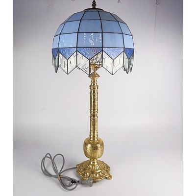 Tall Asian Cast Brass Table Lamp with Leadlight Glass Shade