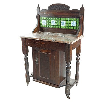 Australian Federation Kauri Pine Washstand with Marble Top and Tile Back Circa 1910