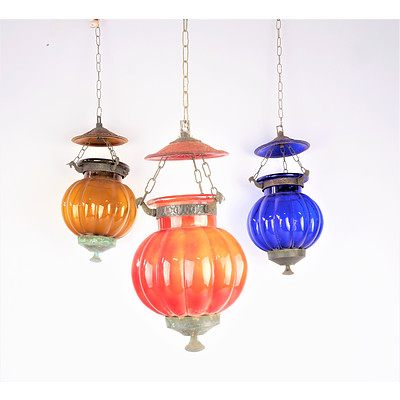 Three Middle Eastern Lobed Glass and Brass Mounted Lanterns (3)