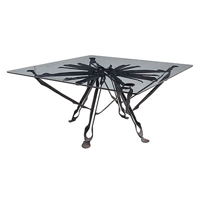 Retro Smoke Glass Coffee Table with Sculptural Metal Base