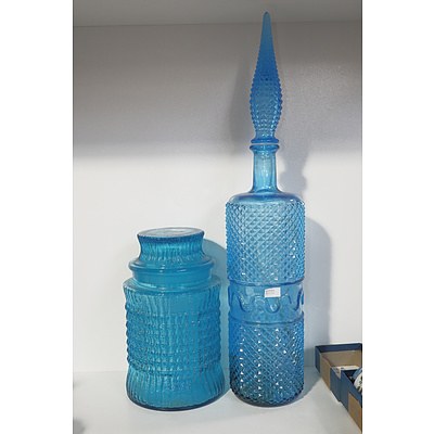 Retro Blue Glass Lidded Bottle and Canister