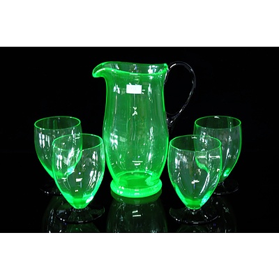Vintage Uranium Glass Water Jug with Four Matching Glasses